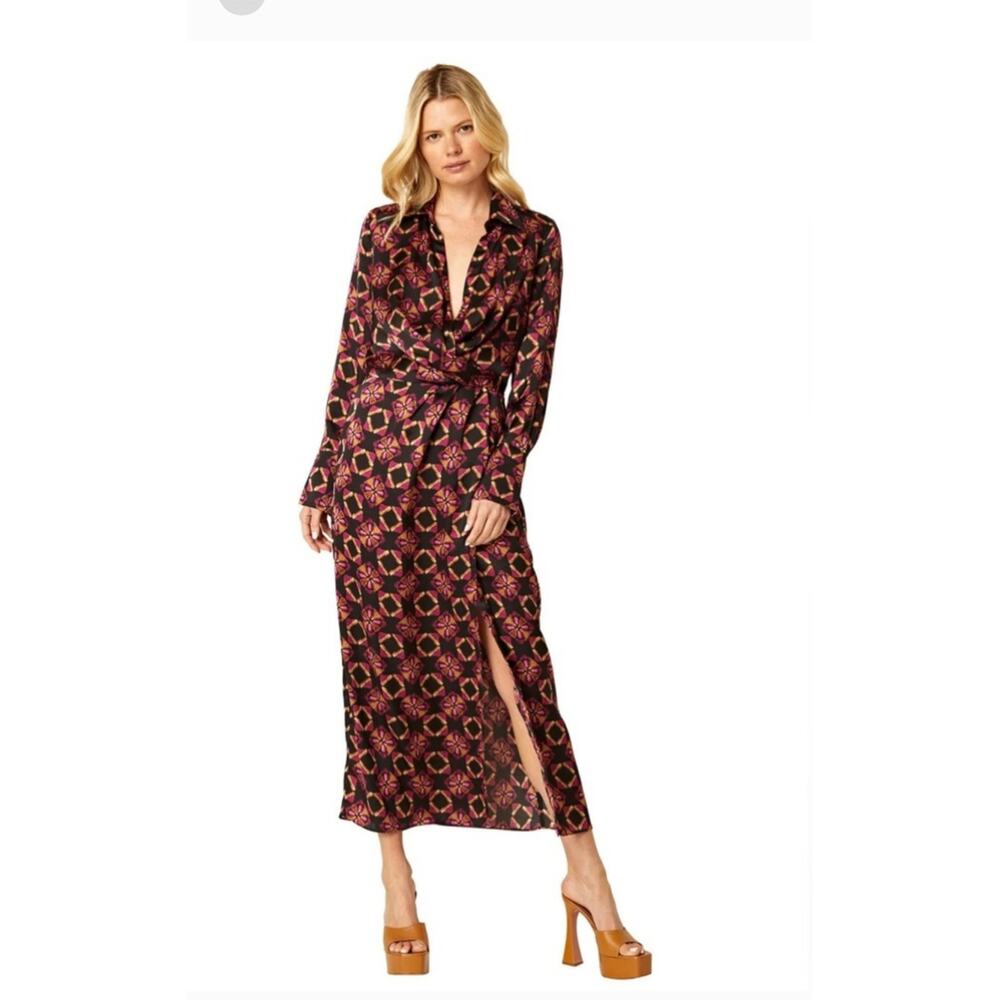 New Anthropologie x MISA Long-Sleeve Geo Wrap Dress $435 MEDIUM Midi Black - Picture 6 of 7